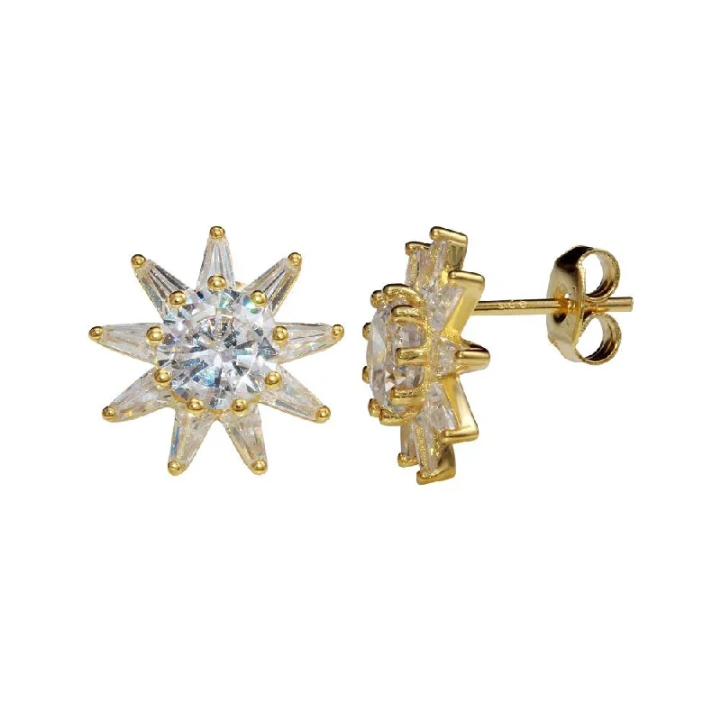 ladies-short-earrings-Gold Plated 925 Sterling Silver CZ Sun Stud Earrings - STE01149GP