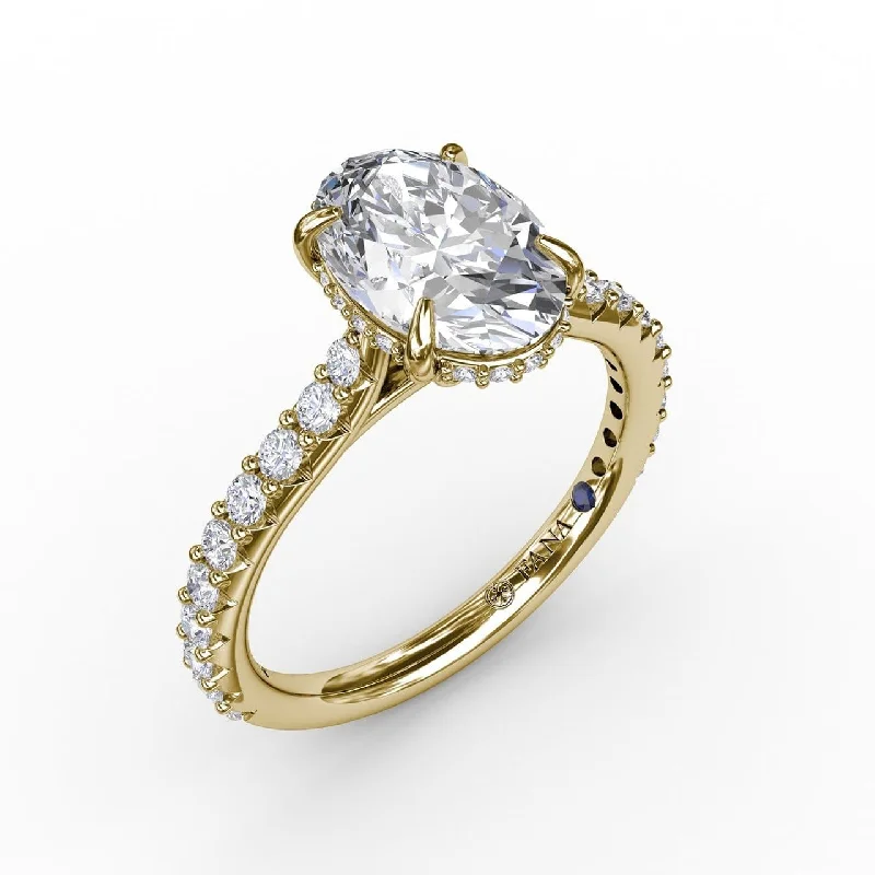 engagement-cushion-cut-gold-ring-Classic Oval Diamond Solitaire Engagement Ring With Hidden Pavé Halo