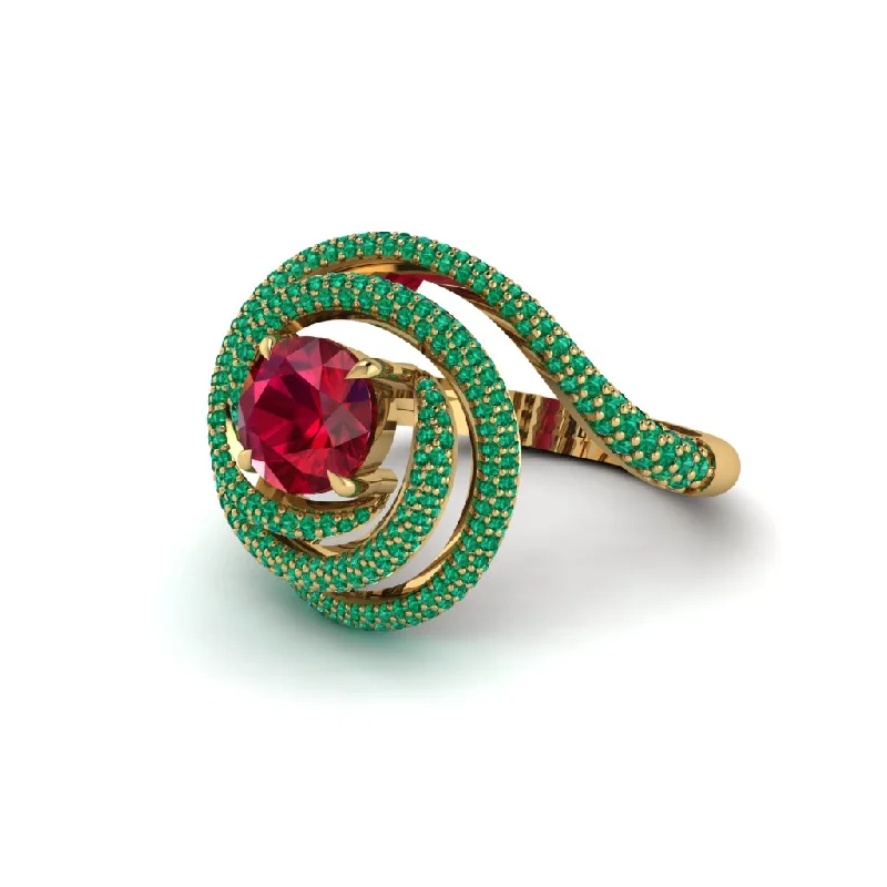 engagement-emerald-three-stone-ring-Ruby Double Halo Swirling Engagement Ring - Serena No. 25