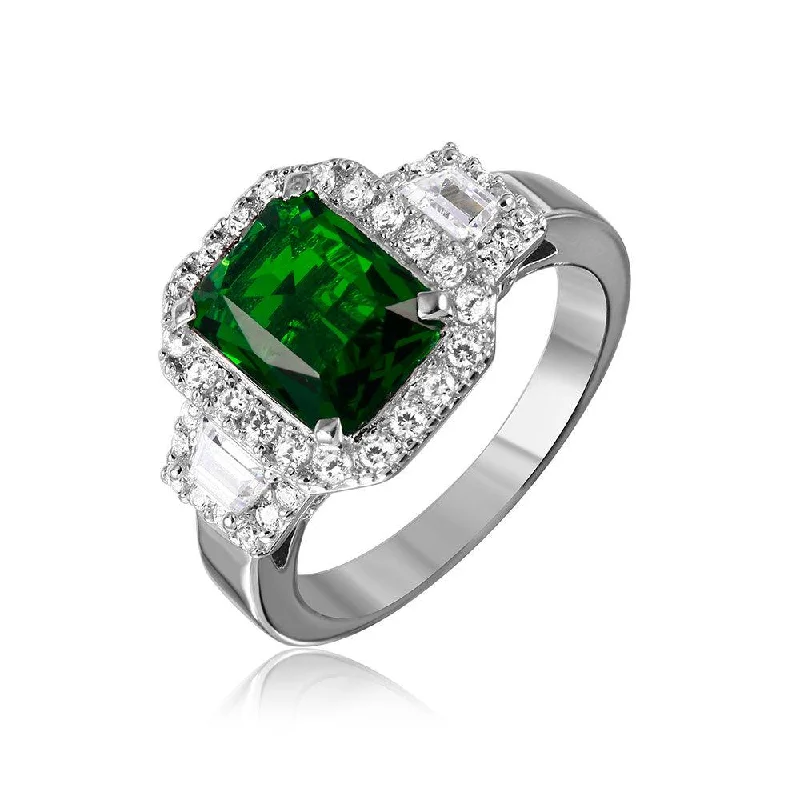 ladies ring chic crossover-Silver 925 Rhodium Plated Green Emerald Cut Center CZ Stone Ring - GMR00101G