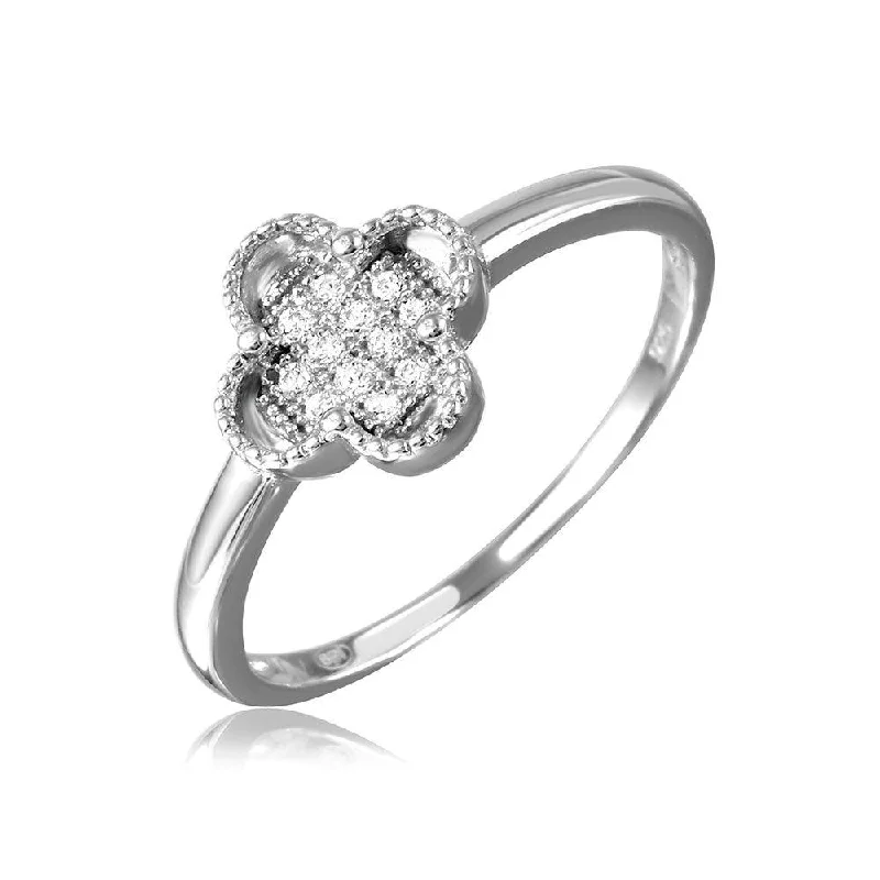 ladies ring winter snowflake-Silver 925 Rhodium Plated Clover Ring with Micro Pave CZ Stones - GMR00085RH