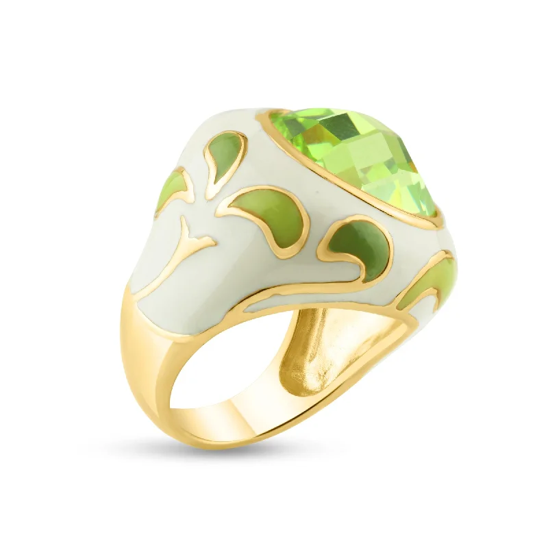 ladies ring elegant leaf motif-Clearance-Silver 925 Gold Plated Green White Enamel Yellow CZ Ring - STR00623