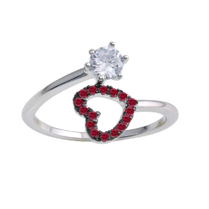 ladies ring elegant leaf motif-Rhodium Plated 925 Sterling Silver Open Heart Ring with Red and Clear CZ - BGR01221RED