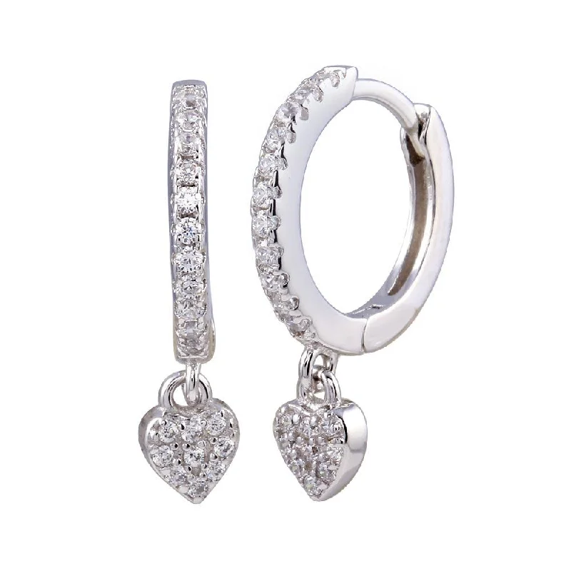 ladies-short-silver-earrings-Rhodium Plated 925 Sterling Silver Dangling CZ Heart huggie hoop Earring - STE01244