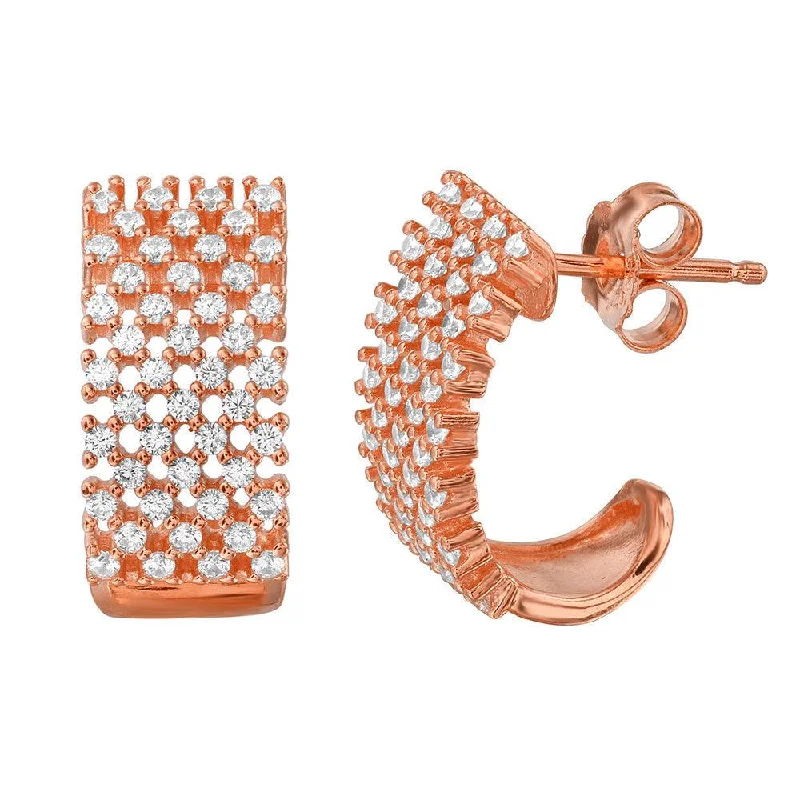 ladies-minimalist-diamond-earrings-Silver 925 Rose Gold Plated Thick Checkered CZ Semi-huggie hoop Earrings - ACE00083RGP