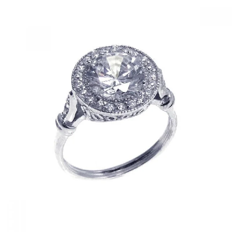 ladies ring sleek minimalist band-Clearance-Silver 925 Rhodium Plated Round Center and Cluster CZ Ring - STR00524