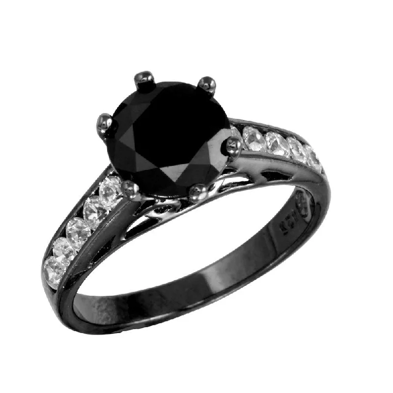 ladies ring mother’s love design-Black Rhodium Plated 925 Sterling Silver  CZ Shank Black CZ Center Stone Ring - STR00758BLK