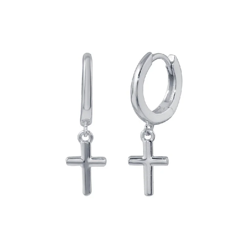 ladies-gift-earrings-Rhodium Plated 925 Sterling Silver huggie hoop Cross Earring - STE01300RH