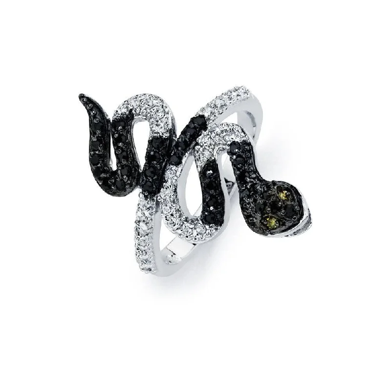 ladies ring subtle knot style-Silver 925 Rhodium and Black Rhodium Plated 2 Toned Clear and Black CZ Snake Ring - BGR00522