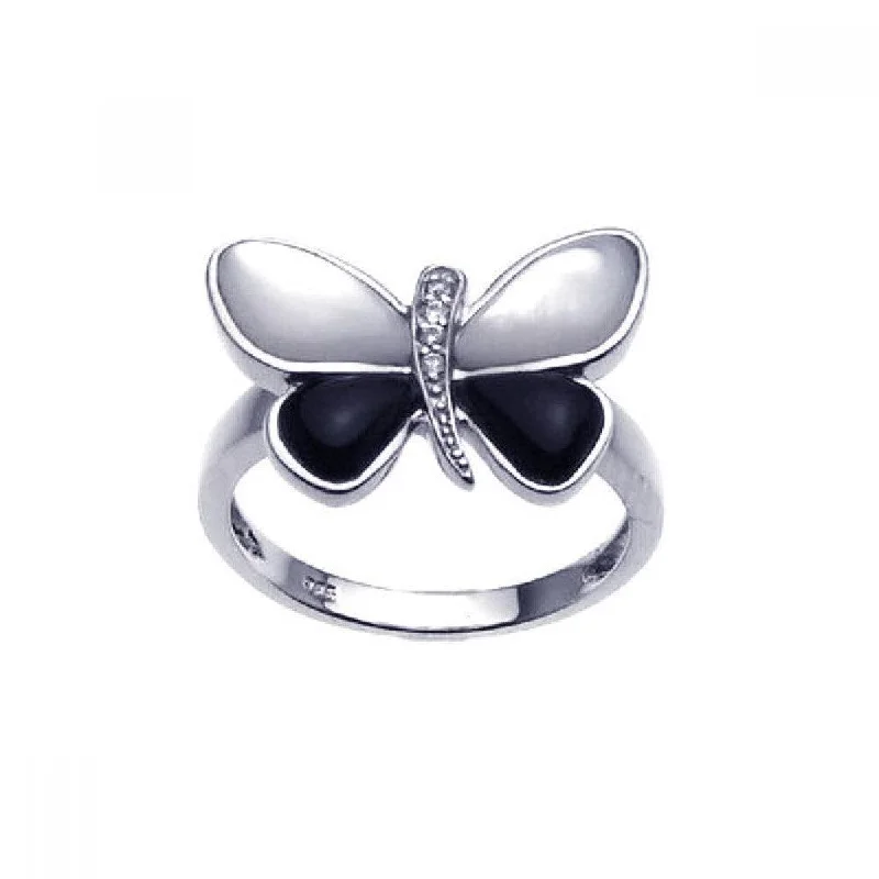 ladies ring bold citrine-Clearance-Silver 925 Rhodium Plated Mother of Pearl Black Onyx CZ Butterfly Ring - BGR00201