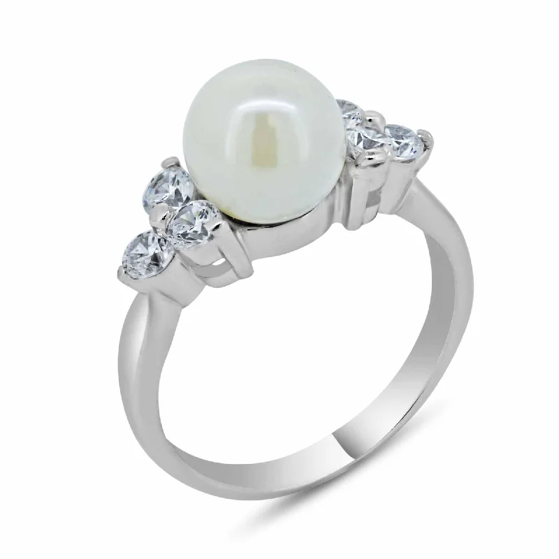 ladies ring earthy tiger’s eye-925 Sterling Silver Rhodium Plated Synthetic Pearl Center Clear CZ Ring - BGR00367