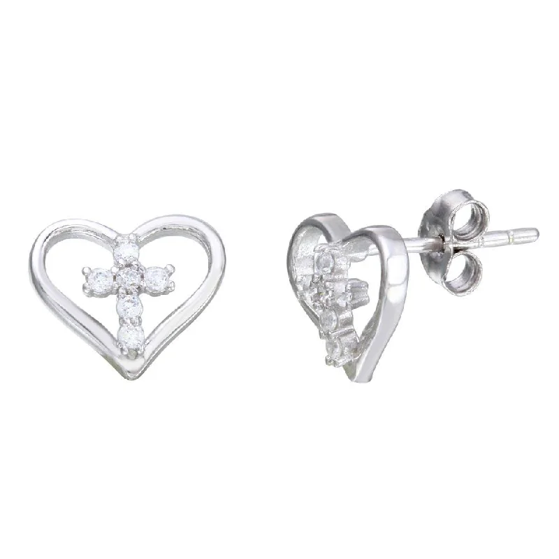 ladies-short-pearl-earrings-Rhodium Plated 925 Sterling Silver Cross in Heart Stud Earrings - STE01112