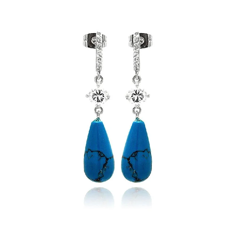 ladies-tassel-pearl-earrings-Silver 925 Rhodium Plated Micro Pave CZ Teardrop Turquoise Dangling Stud Earrings - BGE00258