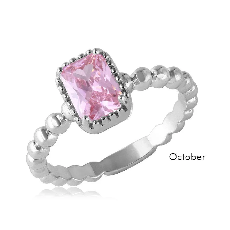 ladies ring birthstone cluster-October Sterling Silver 925 Rhodium Plated Beaded Shank Square Center Birthstone Ring - BGR01081OCT