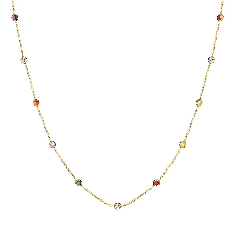 ladies-pearl-short-necklace-Rainbow Bezel - Set Stone Necklace - 14 karat gold necklace for women, zirconia stones