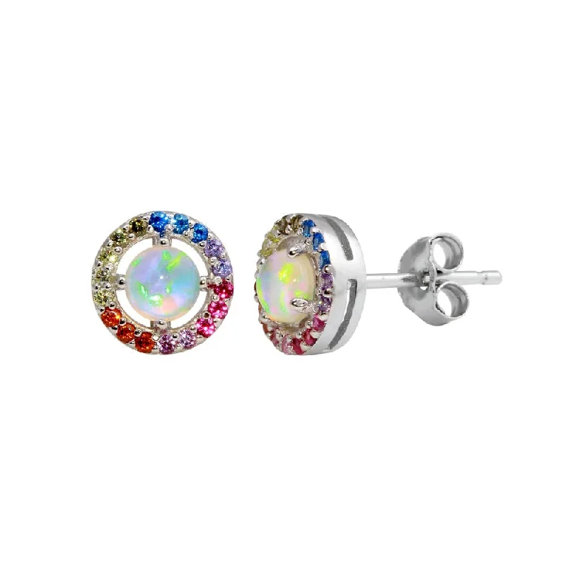 ladies-pearl-dangle-earrings-Rhodium Plated 925 Sterling Silver Rainbow Multi CZ Stud Earrings 7.5mm - STE01204