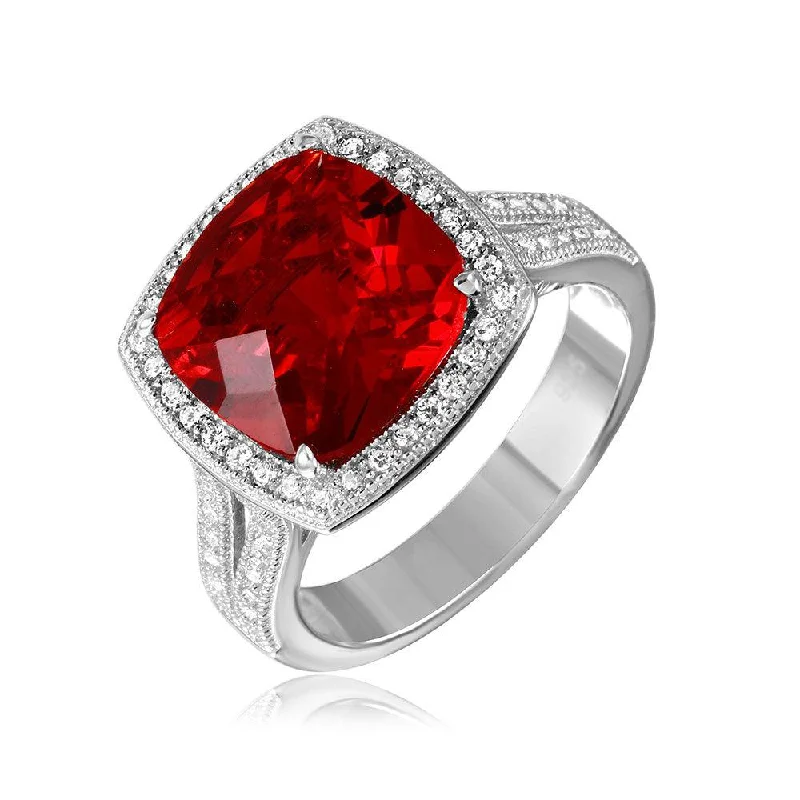 ladies ring zodiac inspired-Silver 925 Rhodium Plated Square Halo Red CZ Ring with Micro Pave Stones - GMR00090R