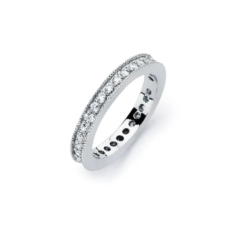 ladies ring elegant leaf motif-Silver 925 Rhodium Plated Clear Channel Set CZ Stackable Eternity Bridal Ring - BGR00567