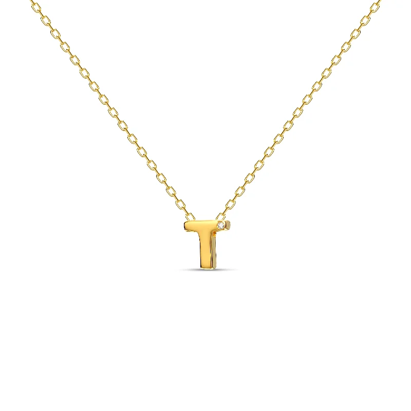 ladies-rose-gold-moon-necklace-Diamond Letter Necklace "T" - 18 karat gold vermeil on sterling silver, diamond 0.01 carat