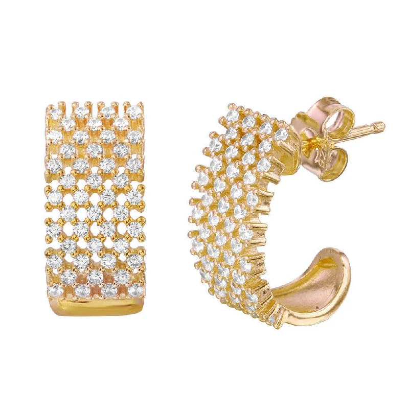 ladies-star-dangle-earrings-Silver 925 Gold Plated Thick Checkered CZ Semi-huggie hoop Earrings - ACE00083GP