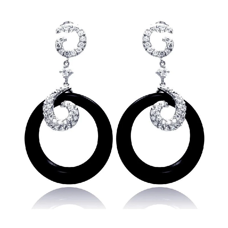 ladies-minimalist-hoop-earrings-Clearance-Silver 925 Rhodium Plated Coil J hook CZ Black Round Onyx Dangling Stud Earrings - STE00530