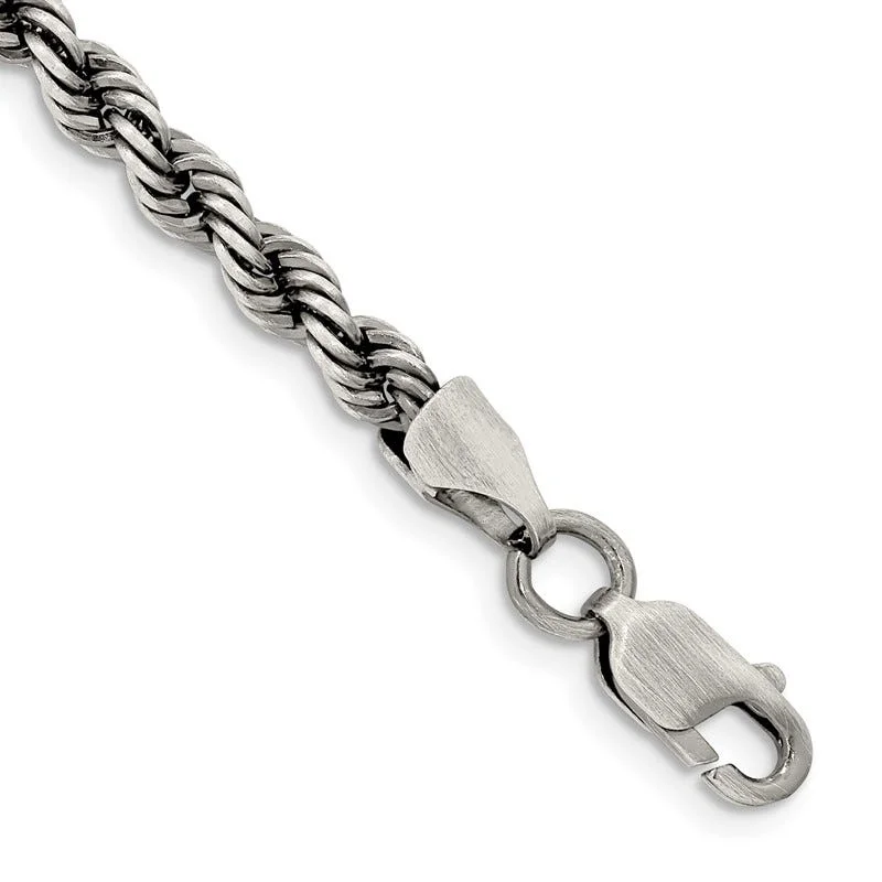 Ladies bracelets with shell charms -Sterling Silver Ruthenium-plated 4mm Rope Chain Bracelet