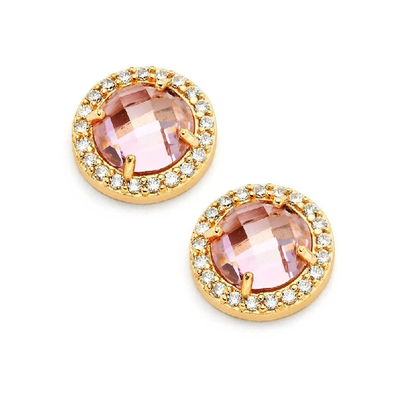 ladies-pearl-earrings-Silver 925 Gold Plated Pink Center Clear Outline CZ Stud Earrings - BGE00360PK