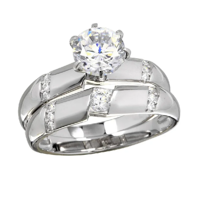 ladies ring personalized date detail-Rhodium Plated 925 Sterling Silver Double Stackable Rings with CZ - GMR00266