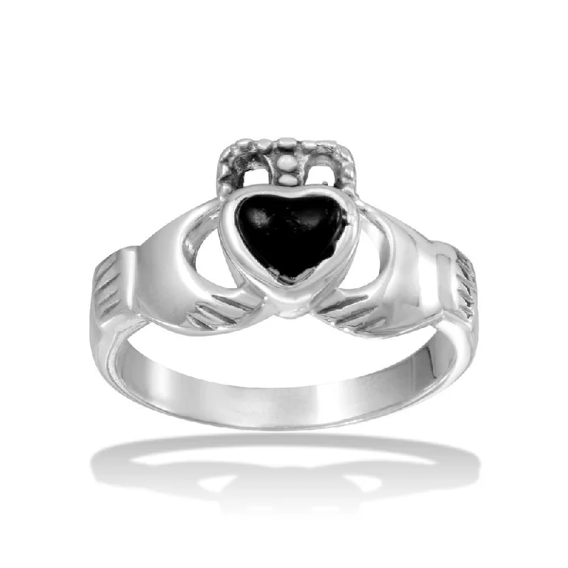 ladies ring satin moissanite-High Polished 925 Sterling Silver Claddagh Ring with Black Heart - CR00734BLK