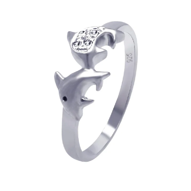 ladies ring ornate floral band-Silver 925 Rhodium Plated CZ Dolphin Ring - AAR0039