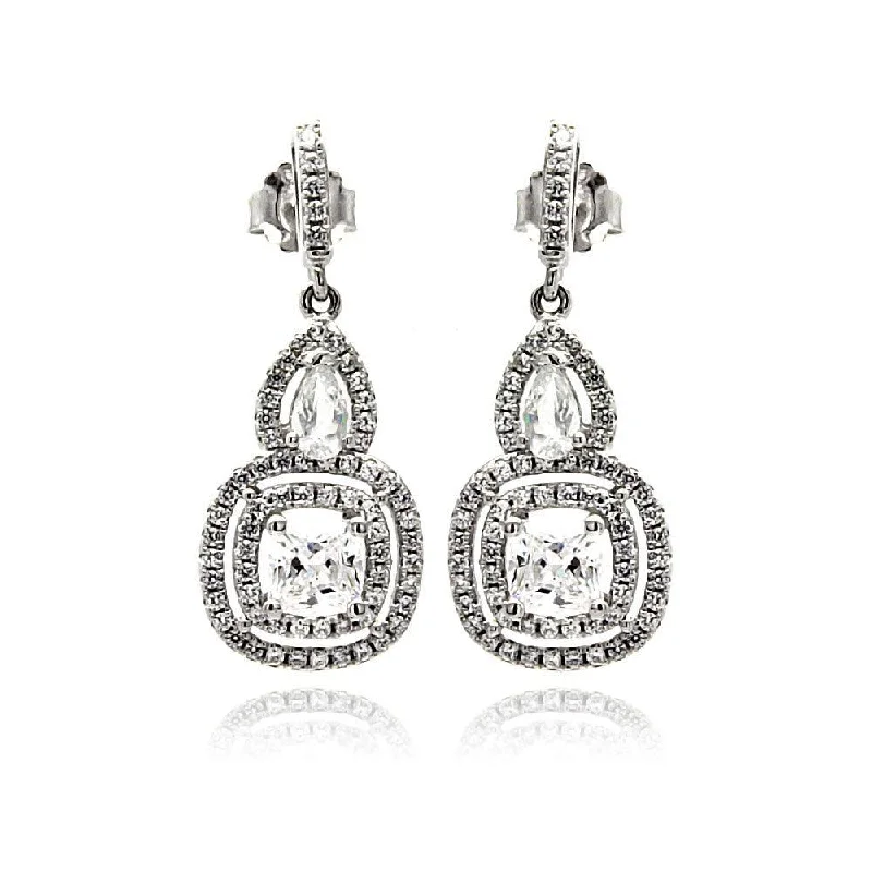 ladies-dangle-tassel-earrings-Silver 925 Rhodium Plated Micro Pave Clear Teardrop Square CZ Dangling Stud Earrings - ACE00076