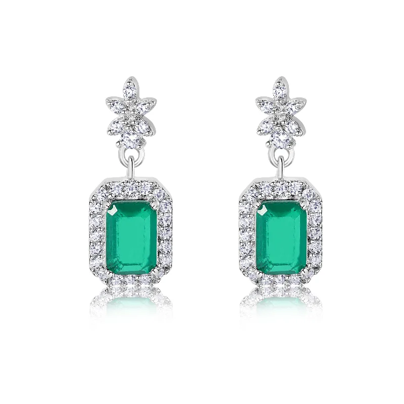 ladies-beaded-silver-earrings-Rhodium Plated 925 Sterling Silver Dangling Green CZ Stud Earrings - BGE00746