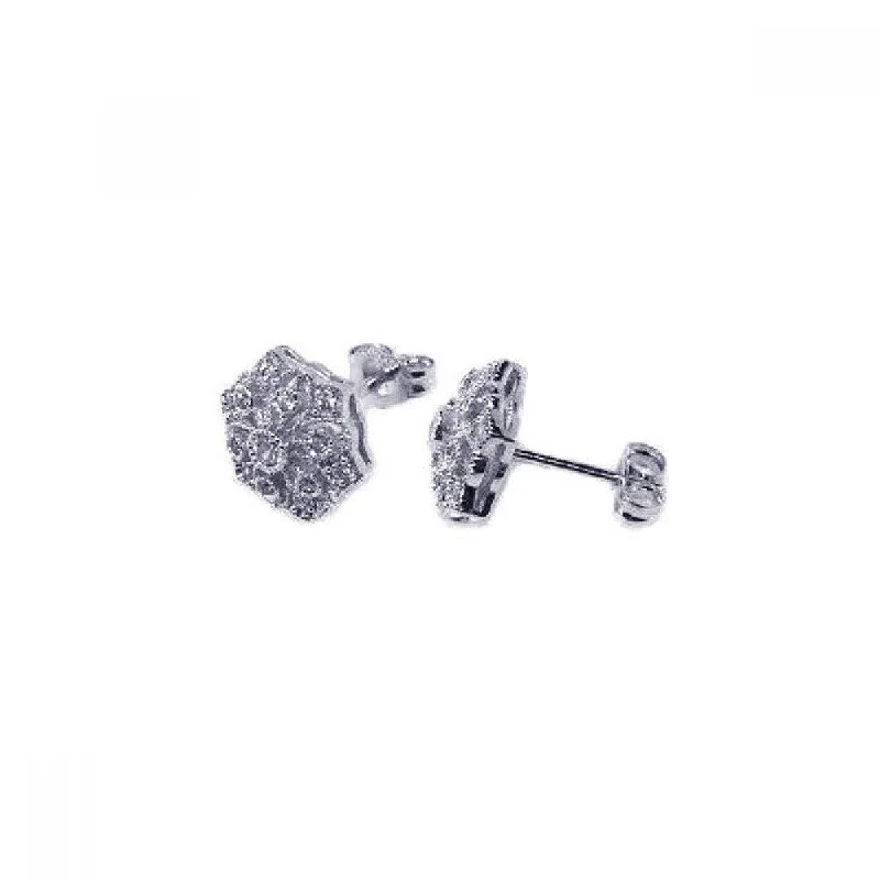 ladies-dangle-silver-earrings-Silver 925 Rhodium Plated Micro Pave Clear Flower Filigree CZ Stud Post Earrings - ACE00024