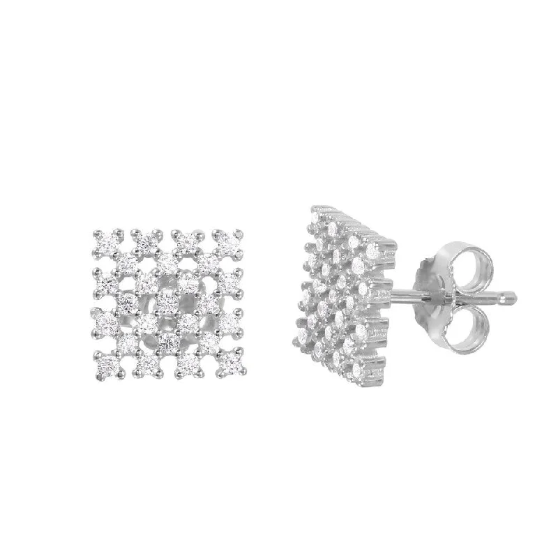 ladies-fashion-rose-gold-earrings-Silver 925 Rhodium Plated Checkered CZ Stud Earrings - ACE00079RH