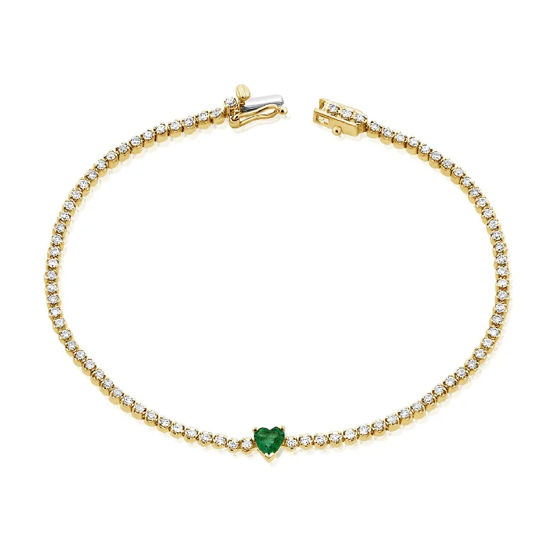 Ladies bracelets for trade shows -Elegant 14K Gold Heart Emerald and Diamond Tennis Bracelet