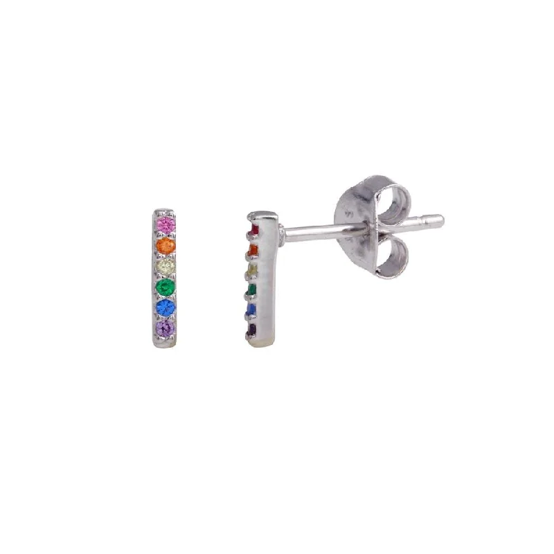 ladies-dangle-rose-gold-earrings-Rhodium Plated 925 Sterling Silver Stud Bar Earrings with Multi-Colored CZ - BGE00610