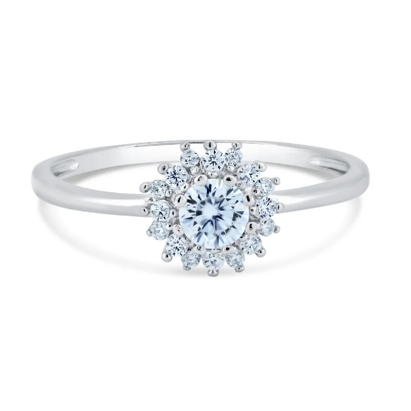 ladies ring personalized date detail-925 Sterling Silver Rhodium Flower Moissanite Ring - MGMR00004