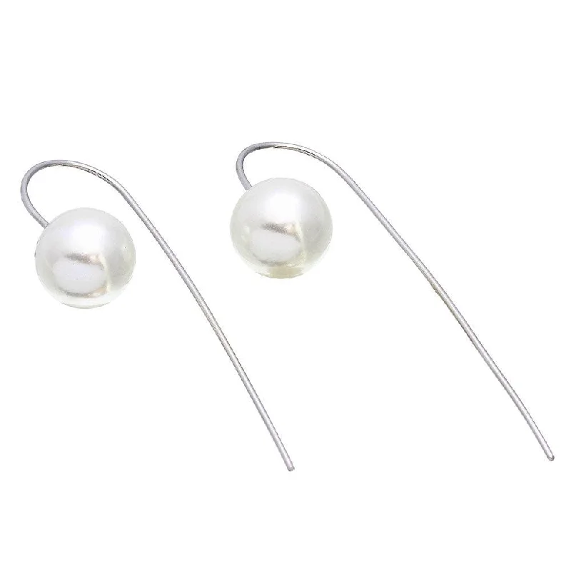 ladies-gift-hoop-earrings-Rhodium Plated 925 Sterling Silver Synthetic Pearl Earrings with Hanging Post - STE01078