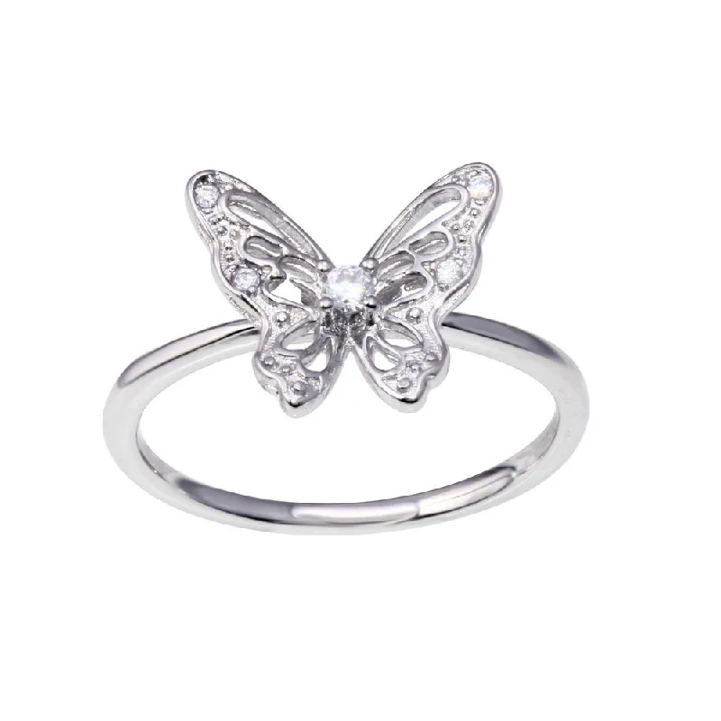 ladies ring tropical palm detail-Rhodium Plated 925 Sterling Silver Butterfly Clear CZ Ring - BGR01347