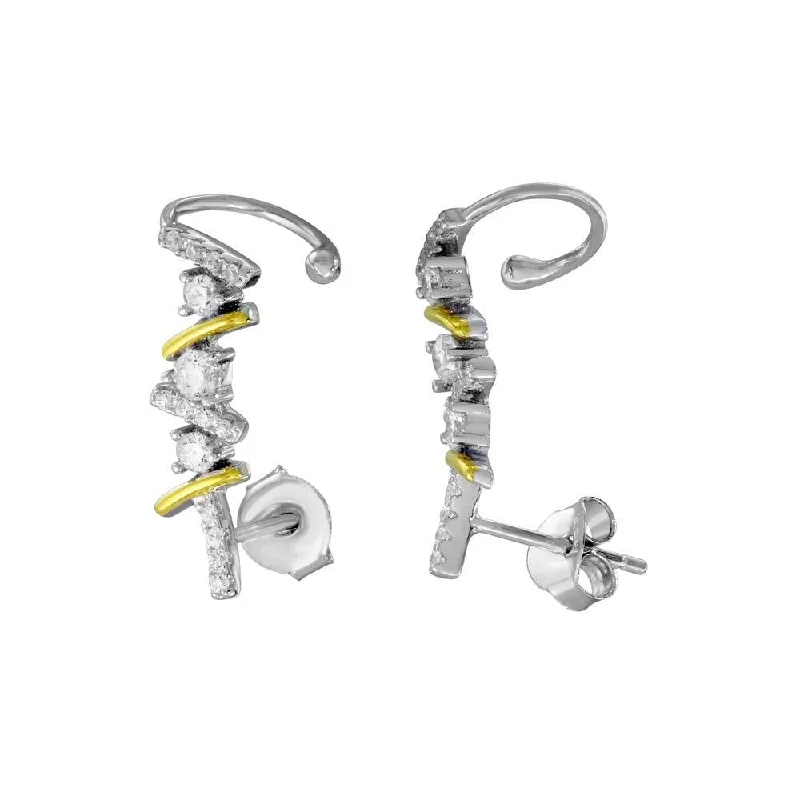 ladies-birthstone-pearl-earrings-Two-Tone 925 Sterling Silver Rhodium and Gold Plated CZ Climbing Earrings - BGE00550