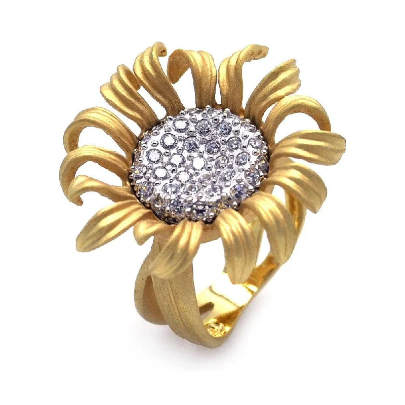 ladies ring floral petal design-Clearance-Silver 925 Rhodium and Gold Plated Pave Set Clear CZ Sunflower  Ring - BGR00231