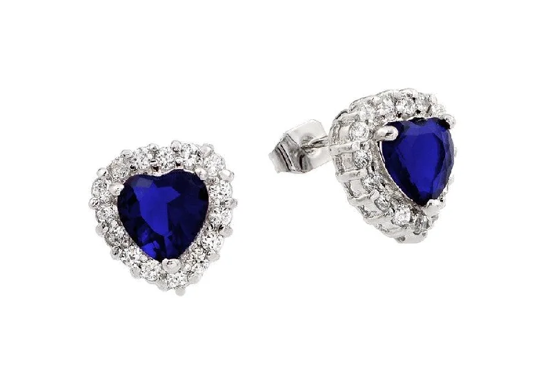 ladies-crystal-star-earrings-Silver 925 Rhodium Plated Blue and Clear Heart CZ Stud Earrings - BGE00367B