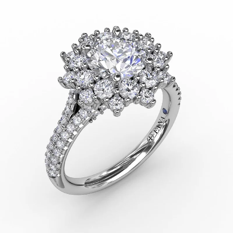 engagement-eternity-silver-ring-Contemporary Floral Halo Engagement Ring With Double-Row Pavé Band