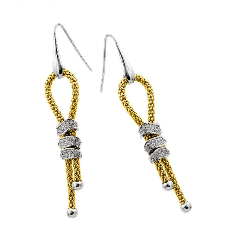 ladies-silver-star-earrings-Silver 925 Rhodium and Gold Plated Dangling Ribbon Center Rectangular CZ Inlay Dangling Hook Earrings - ECE011GP