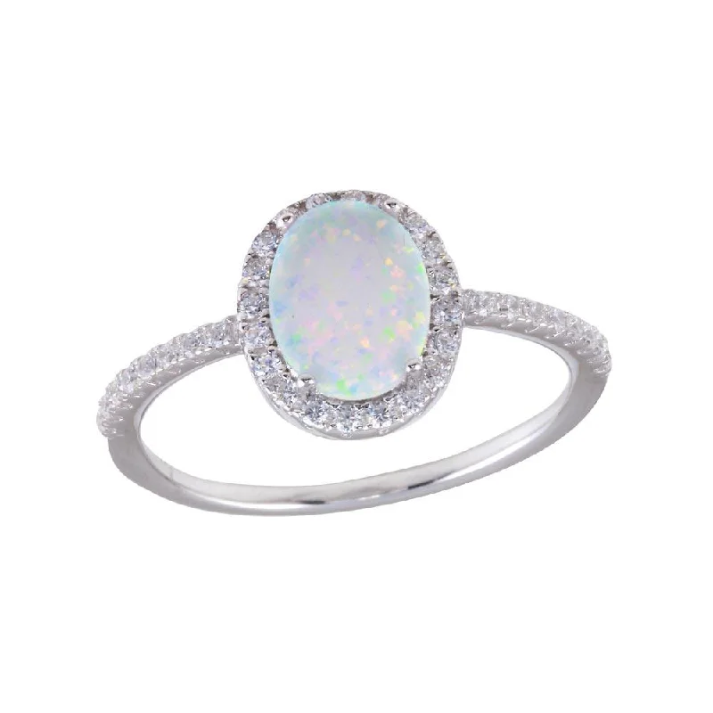 ladies ring luminous halo design-Rhodium Plated 925 Sterling Silver Oval Solitaire Synthetic Opal CZ Ring - BGR01257