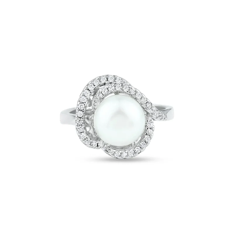 ladies ring rustic branch design-Rhodium Plated 925 Sterling Silver White Pearl and Clear CZ Ring - BGR01363