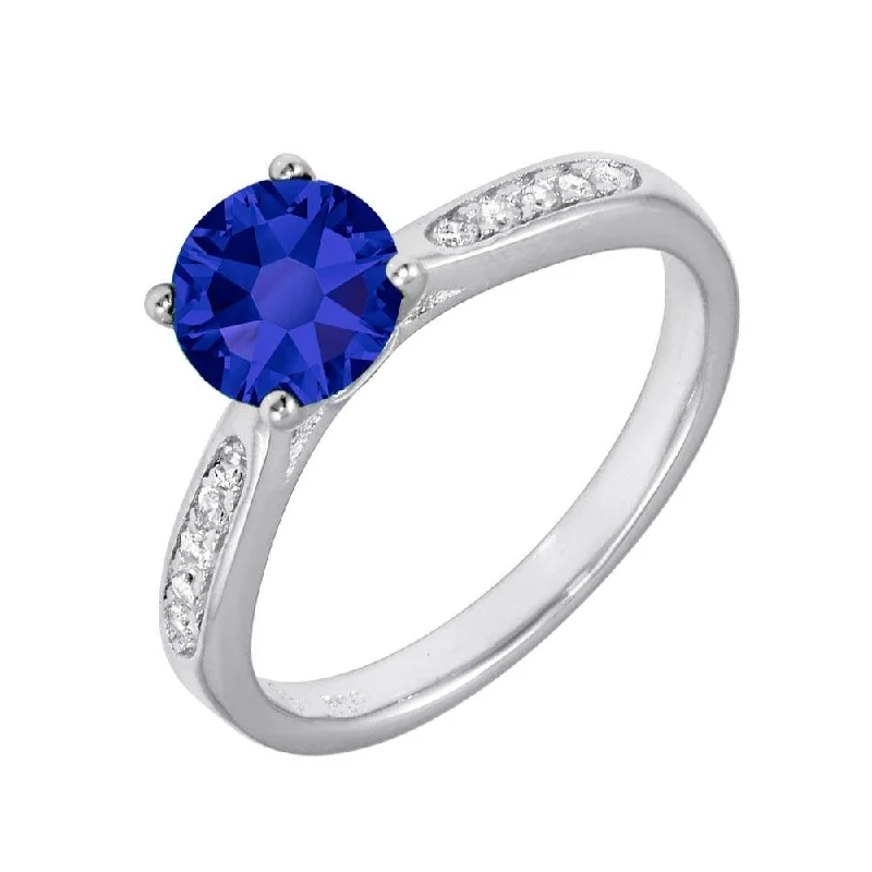 ladies ring ornate floral band-Rhodium Plated 925 Sterling Silver Round Blue CZ Center Stone Ring - BGR01231BLU