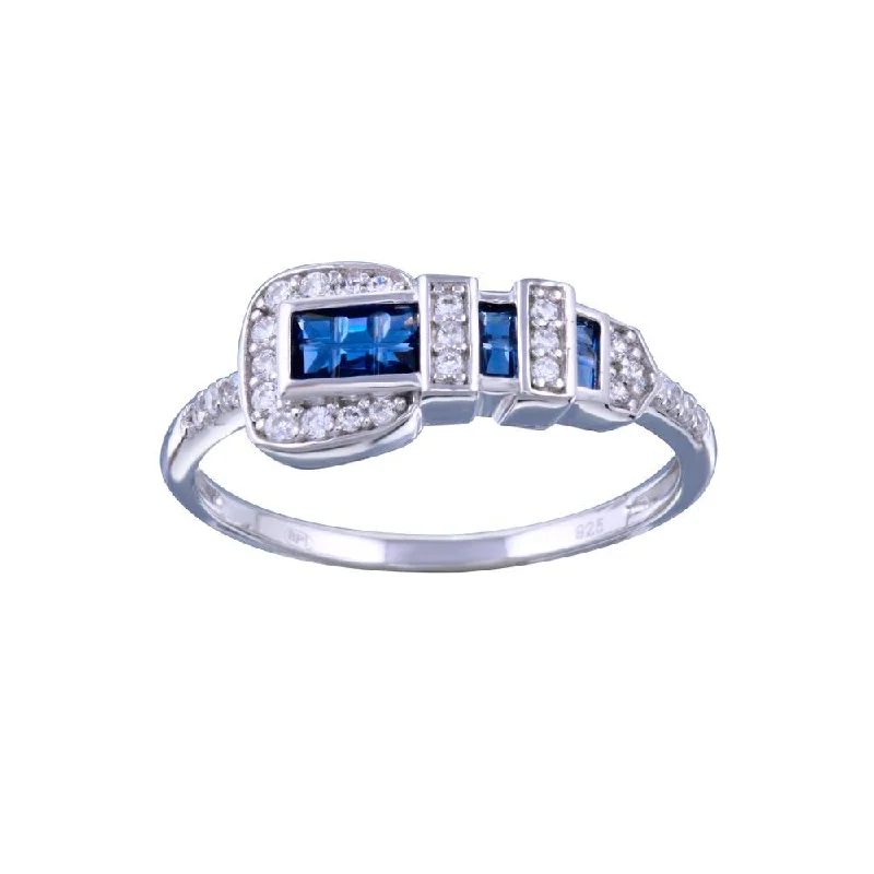 ladies ring fall leaf pattern-Rhodium Plated 925 Sterling Silver Blue and Clear CZ Belt Ring - GMR00319BLU