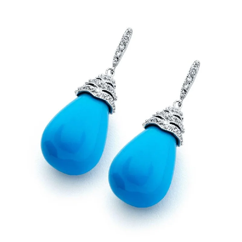 ladies-bohemian-tassel-earrings-Silver 925 Rhodium Plated Pear Teardrop Turquoise CZ Dangling Stud Earrings - BGE00349