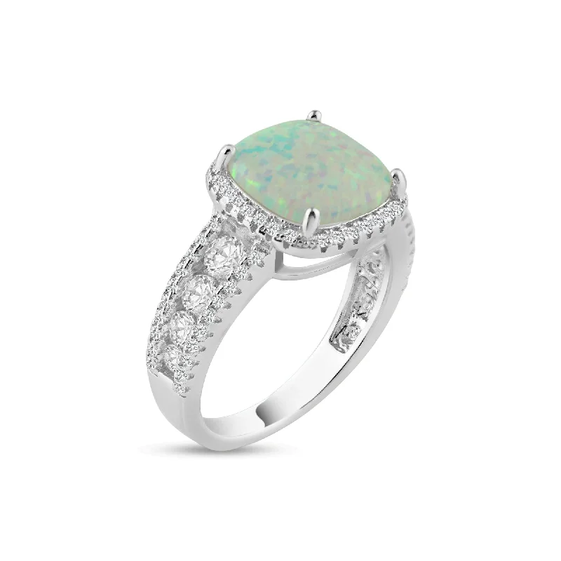 ladies ring name engraved band-Rhodium Plated 925 Sterling Silver Opal Stone With CZ Ring - BGR01314